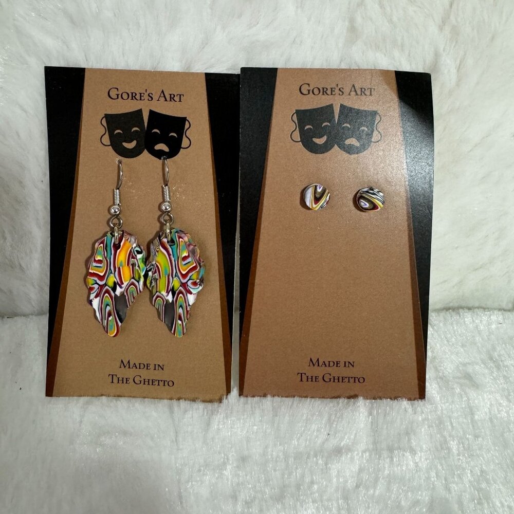 Gores Art Handmade Polymer Clay Earrings Duo: Leaf Dangles & Studs NOLA  New